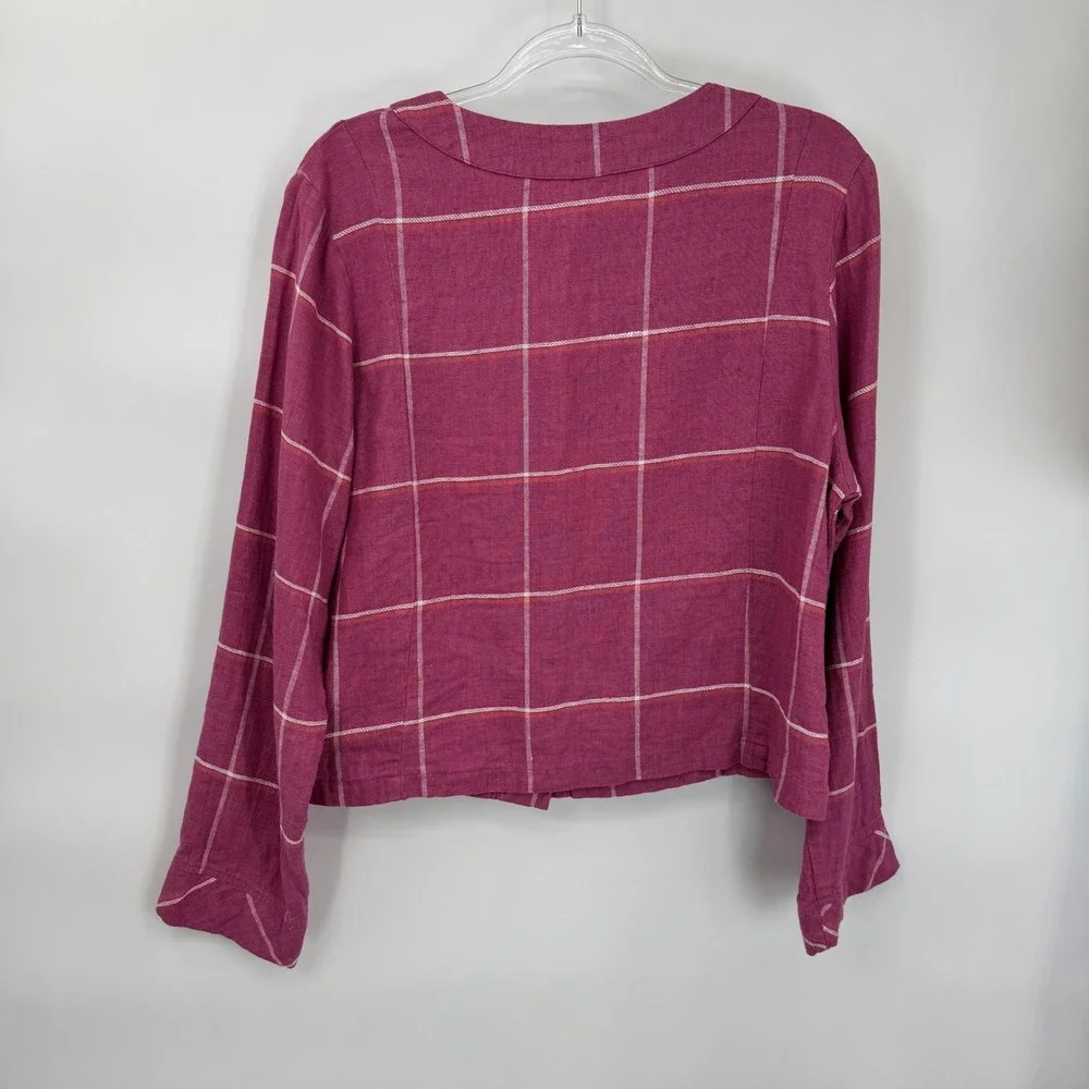 Flax Button Front Jacket Womens Small Pink Windowpane Plaid 100% Linen Boxy